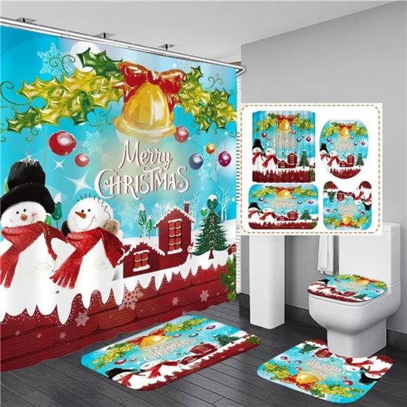 4Pcs Christmas Snowman Shower Curtain Sets Winter Jingle Bell Bathroom Set - Picture 1 of 7